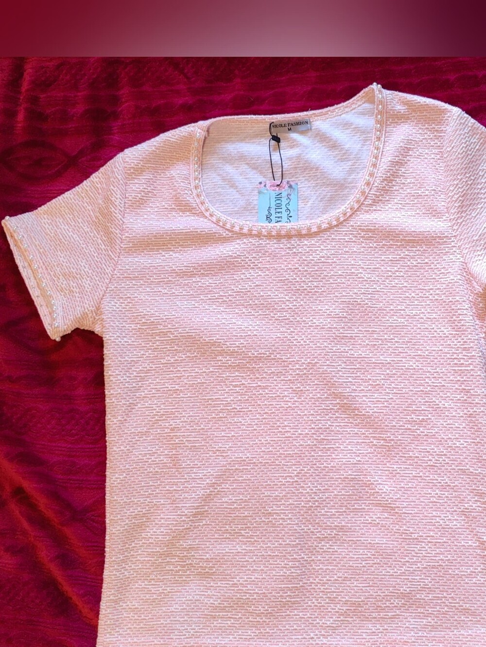 Pink Textured Scoop Neck Short Sleeve Top With Pearl Embellishments M